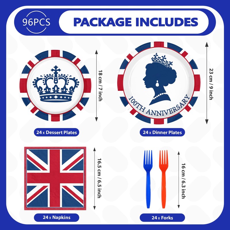 96Pcs Britain UK England Flag Party Decorations, Serves 24