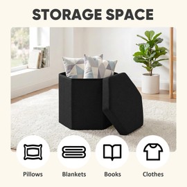 PINPLUS Linen Hexagon Storage Ottoman, Foldable Fabric Footstool with Lid, Breathable Seat Stool, Small Space Organizer, 220LBS Capacity for Living Room Bedroom Entryway Black