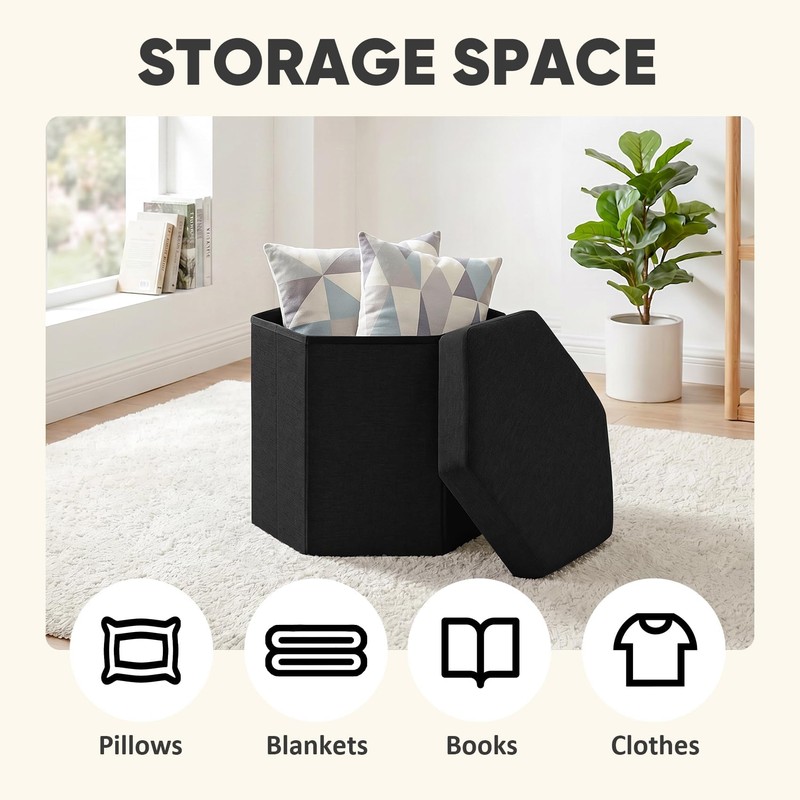 PINPLUS Linen Hexagon Storage Ottoman, Foldable Fabric Footstool with Lid,