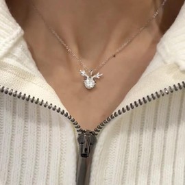 Xmsrn Vintage Crystal Deer Antler Choker Necklace Silver CZ Elk Head Pendant Necklace Rhinestone Deer Antlers Choker Crystal Point Choker Necklace Chain For Women, Zinc, No Gemstone