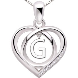 ALOV Jewelry Sterling Silver Initial Letter Alphabet Love Heart Cubic Zirconia Pendant Necklace (G)