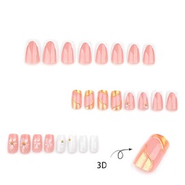 24Pcs Gold French Tip Press on Nails Medium Length Square Fake Nails 3D White Flowers Gems with Pearls Glitter Full Cover Pink Nails Glue on Nails Flower False Nails for Women Acrylic Manicure Tips