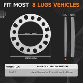 LUJIANI 4 Pack Universal Wheel Spacers, 6 mm Thick Die Cast Replacement Wheel Spacer for 8 Lugs Wheels, Wheel Accessories Parts, Fits 165.1 to 180 mm Multiple Bolts Pattern, 126 mm ID to 208 mm OD