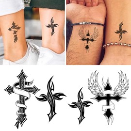 Oottati Small Cute Temporary Tattoo Sticker Set of 2 - Black Cross Totem Wing Designs for Hand Neck Face Wrist, Waterproof Fake Body Art, Simple & Modern Unisex Skin Decals