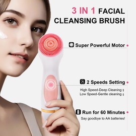 Facial Cleansing Brush, 3 in 1 Electric Face Scrubber with 3 Brush Heads for Women/Men, Waterproof Rechargeable Face Cleansing Brush for Dry Oily Sensitive Skin (Pink)