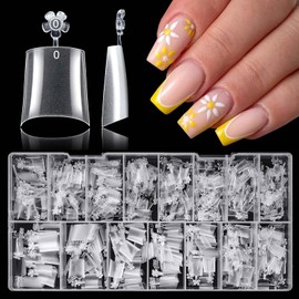 LoveOurHome 600pc French Coffin Nail Tips Clear Fake Nails Medium Coffin Gel Nail Tips Half Cover Acrylic Nails Clear False Nails Fingernail for Gel Nail Tip Extension Press Nails DIY 15 Sizes