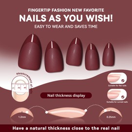 CUZIAM Red French Press on Nails Short Almond - Dark Red Nails with Glossy French Tip in a Matte Finish, Soft Gel Reusable Fall Fake Nails Winter Stick on Nails for Christmas Gift, 32PCS 16 Sizes