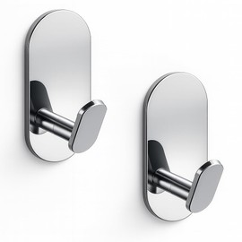 Adhesive Towel Hooks for Bathrooms 2 Pack Polished Chrome Stainless Steel and Zinc Alloy Sticky Wall Hooks for Hanging Heavy Duty Self Adhesive Robe Shower Hanger for Kitchen, Closet, Cabinet, Door