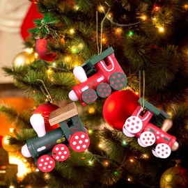 Wooden Christmas Train 6 pieces Mini Wood Train with Rope and Gift Box for Christmas Showcase Window Desktop Decoration