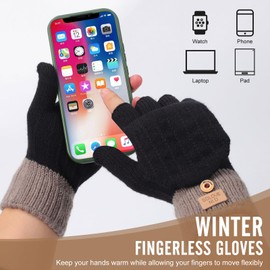 Winter Fingerless Gloves for Women Men, Touch Screen Thermal Converter Mittens Flip Knitted Gloves (Black)