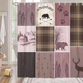 Rustic Cabin Bear Deer Shower Curtain, Country Pink Plaid Shower Curtain Set for Bathroom, Farmhouse Forest Nature Fabric Shower Curtain Restroom Bathtub Decor Accessories with Hooks 69x70inches