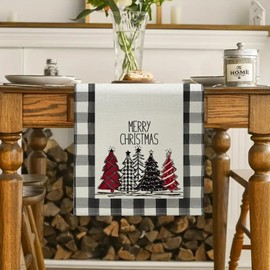ZCHOMI Buffalo Plaid Christmas Tree Table Runner 13x72 Inch Watercolor Merry Christmas Seasonal Winter Kitchen Dinning Table Decoration for Home Party Decor