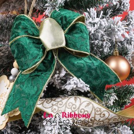 LaRibbons Green and Gold Velvet Ribbon Wired, 10 Yards 2.5 Inch Wide Double Faced Embossed Floral Velvet Ribbon for Christmas Tree, Gift Wrapping, Wreath Bow, Outdoor Decoration