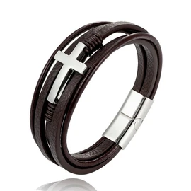 REchoLI Cross Bracelet for Man Brown Braided Leather Bracelet with Stainless Steel Gold/Silver Cross Charm Stylish Christian Jewelry Stainless Steel clasp (Silver)