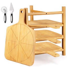 4 pcs Pizza Peel with Stand Smooth Pizza Paddle Pizza Cutting Board with 6 Slice Grooves Premium Serving Tray with Stainless Steel Pizza Cutting wheel and Pizza Shovel