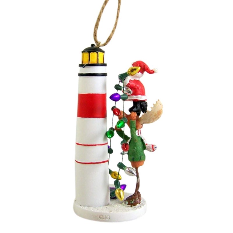 Santa and Moose Decorating Lighthouse Hanging Ornament