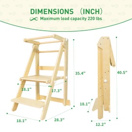 Foldable Toddler Learning Standing Tower, WOOD CITY Montessori Kitchen Step Stool Helper with 3 Adjustable Heights Learning Kitchen Tower for Counter and Bathroom Sink (Natural)