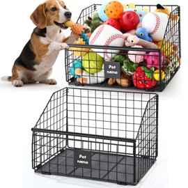 Kritkin Set of 2 Dog Toy Basket Metal Black Dog Toy Box Bin Storage Organizer for Pet Puppy Cat Living Room Area(14.4 x 12.6 x 10 Inches)