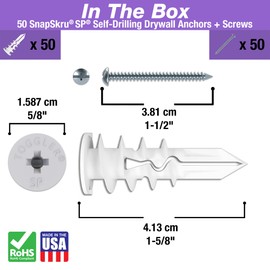 TOGGLER SnapSkru SP Self-Drilling Drywall Anchor for Hollow Wall Application, Glass-Filled Nylon, Made in US, for #6 to #10 Fastener Sizes (50 Pack w/Screws)