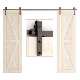 TSMST 5.5FT Sliding Barn Door Hardware Kit, Heavy Duty Sturdy Barn Door Track for Double Wood Door, Smooth and Quiet - Easy to Install - J Shape