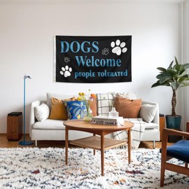 Dogs Welcome People Tolerated Flag 3x5 FT Interesting Outdoor Pet Enthusiast Banner Anti rust Gasket Polyester Fiber Garden Courtyard Decoration (Blue)