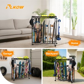 PLKOW Skateboard Storage Rack with Wheels, Sports Organizer for Skateboards, Scooters, Balls, Helmets and Sports Gear, Heavy Duty Sports Storage Rack for Garage, Home or School Use