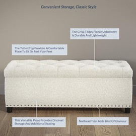 BELLEZE 47 Inch Storage Ottoman, Tufted Ottoman Polyester Storage Bench with Safety Close Hinge, Ottoman with Storage for Living Room, Entryway, Hallway, Foot Rest, Support 300lbs - White