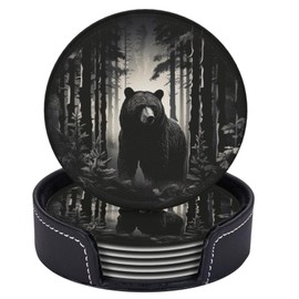 Famame 6 Pcs Black Bear Night Trees Leather Coasters for Drinks with Holder Coaster Sets Drink Table Cup Coasters for Living Room Kitchen Coffee Decor