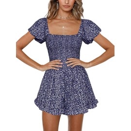 Jeanewpole1 Mono corto de pierna ancha floral para mujer con volantes, Azul marino/flor y brillo, S