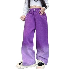Girls' Baggy Jeans Candy Colors High Rise Elastic Waist Wide Leg Washed Denim Pants Size 5-14 Years (Purple,5-6 Years)