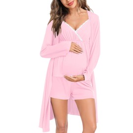 SWOMOG Womens Maternity Robe Set 3 Piece Nursing Pajamas for Breastfeeding 3 in 1 Labor Delivery Hospital Pregnancy Pjs Pink