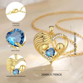 FANCIME Gold Mom Birthstone Necklace Blue Topaz Mother and Child Love Heart Necklace I Love You Mom Gifts Mother's Day Gifts December Jewelry Gifts for Grandmother Mom Wife, 16"+2" Inches