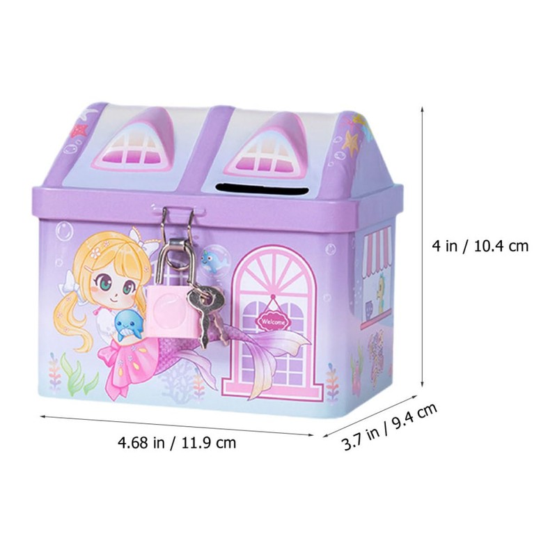 Mobestech 2pcs Adorable Mermaid Pattern Tinplate Coin Bank House Shaped