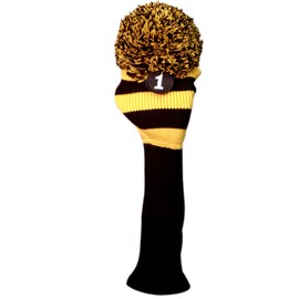 Majek #1 460cc Driver Black & Yellow Golf Headcover Knit Pom Pom Retro Classic Vintage Head Cover