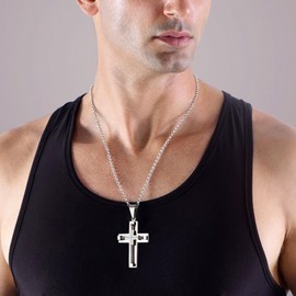 YL Cross Necklace for Men 316L Stainless Steel Large Jesus Christ Pendant White Gold Plated Jewelry Rolo Chain for 24''