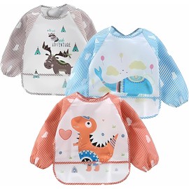 3/5 Pcs Baberos para Bebé,Baberos para Bebe Impermeable con Mangas,Baberos para Bebe Niña y Niño para 1-3 Años (3)