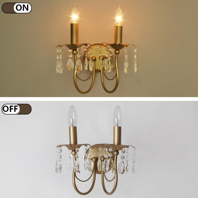 Sedelan Crystal Wall Sconce 2-Lights, Antique Wall Sconces Indoor, Brass