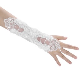 Bridal Gloves Fingerless Satin Gloves Sequins Flowers Wedding Gloves Wedding Evening Party Arm Warmers Long Soft Bridal Warmers Women's Lace Gloves Women Dress-up Accessories, White