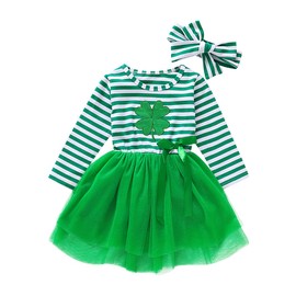 St Patricks Day Outfits Toddler Baby Girls Clover Dress Striped Long Sleeve Mesh Tutu Skirts with Headband 2PCS Set (Green, 1-2 Years)