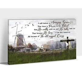 Farmhouse Wall Art, Barn Wall Art, Modern Farmhouse Pictures Wall Decor for Living Room, Inspirational Quotes Canvas Print, Old Cross Painting Framed Artwork for Rustic Home Wall Decor 12x18 Inch