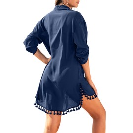 Yincro Women Swimsuit Cover Up Shirt 2024 Tassel Beach Bathing Suit for Swimwear Bikini Dress(Navy Blue, 3XL)
