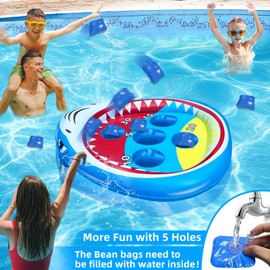 iGeeKid Inflatable Pool Shark Cornhole Game Set with Upgraded 5 Holes & 5 Bean Bags, Floating Swimming Pool Ring Toss Toys for Kids Adults Family for Summer Pool Party Beach Luau Game Water Carnival