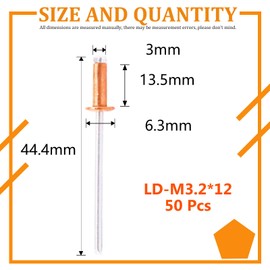 Hilitchi Dome Head Red Copper Blind Rivets Self-Plugging Open End Dome Head Decorating Fastener Nails Pop Rivets Core(3.2x12mm-50PCS)