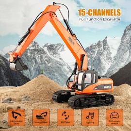 1/14 Scale HUINA 1551 RC Alloy Excavator Model 15 Channel 2.4Ghz Remote Control Metal Construction Truck ToysSize: 575mm * 195mm * 255mm, Color: Orange