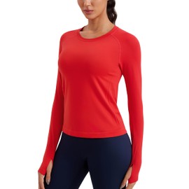 CRZ YOGA Womens Seamless Workout Long Sleeve Shirts Quick Dry Gym Athletic Tops Breathable Running Yoga T-Shirts Deep Red XX-Small