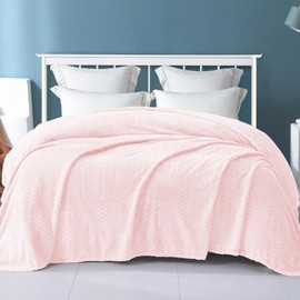 Exclusivo Mezcla Light Pink Fleece Queen Size Blanket for Bed, 90x90 Inches Soft Cozy 3D Decorative Jacquard Flannel Blankets, Lightweight Fuzzy Plush Warm Blankets for All Seasons