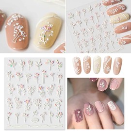 Turkalla 5D Nail Seal, Set of 6, Lace Flower Seal, Carved, 3D Feeling, Nail Stickers, Gel Nails, White, Decal, Just Stick, DIY Flower Art, Decoration, Flower Seer, Nail Parts, Flower Patterns (G)