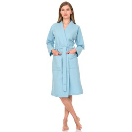 TowelSelections Womens Waffle Robe, Kimono Spa Bathrobe Soft Bath Robe for Women Medium/Large Ice Blue