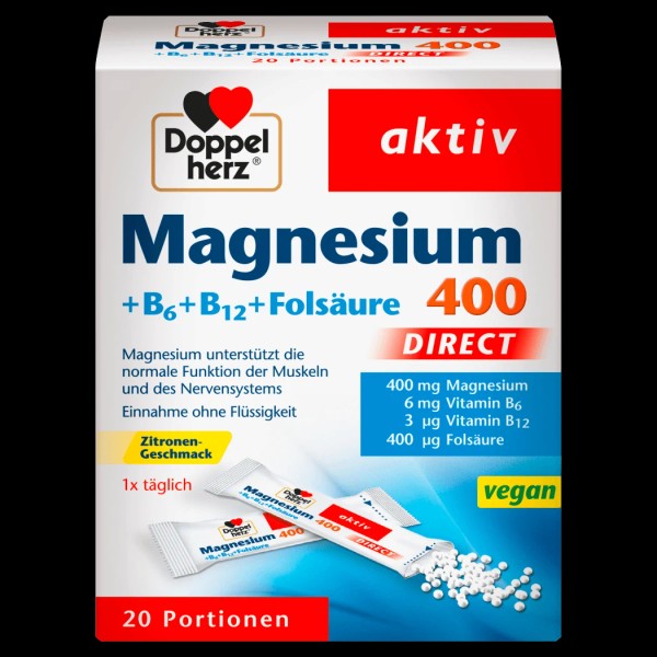 Doppelherz Magnesium 400 + B6 + B12 + Folic Acid Direct, 20 Sachets