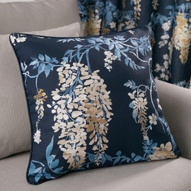 Dreams & Drapes Navy Blue Wisteria Cushion (43 x 43cm) - 100% Cotton With Filling - Piped Edge Floral Design - Cover Included - Curtains Available